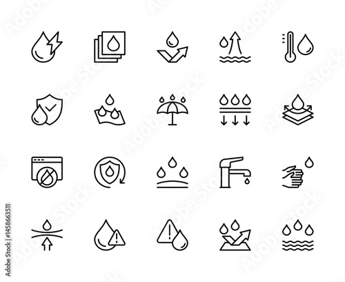 Waterproof related vector linear icons set. Contains such icons as water repellent, water-resistant, protection, moisture and more.