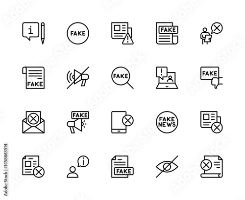 Fake News related vector linear icons set. Contains such icons as false news, manipulation, media, verification, facts and more.