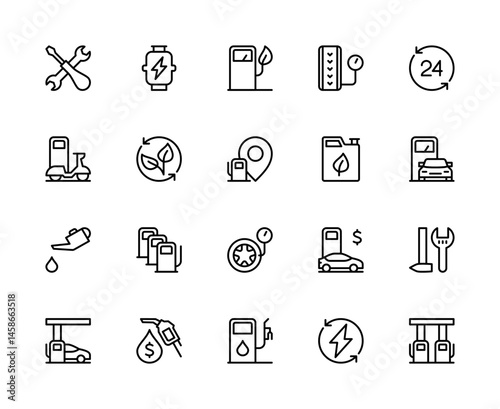 Gas station related vector linear icons set. Contains such icons as maintenance, fuel, filling station, tire service and more.