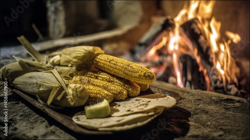 Freshly grilled corn rests on a rustic table near a crackling fire, portraying a cozy atmosphere perfect for a traditional harvest meal.