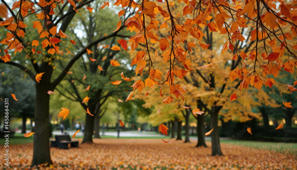 Naklejka premium Autumn Park Scene with Falling Orange Leaves on Tree Branches, Vibrant Colors and Serene Atmosphere in Nature
