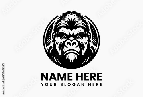 Vintage gorilla illustration in black and white vector logo, showing detailed strong posture and serious expression symbolizing primal power and timeless wilderness  