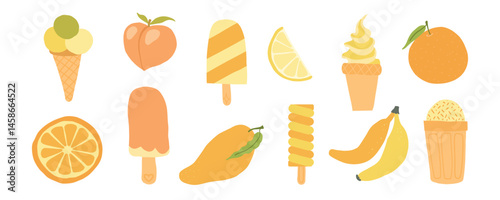 Yellow-toned ice cream, cones, and tropical fruits like mango, lemon, and banana form a fresh summer dessert set with bright, juicy flavors.
