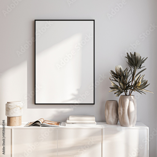 Frame mockup, ISO A paper size. Living room wall poster mockup. Interior mockup with house background. Modern interior design. 3D render
