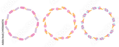 Playful pastel wreath with pink ice cream cones, blue popsicles, and creamy scoops, ideal for fun summer treats, candy-themed backgrounds, and party decor.