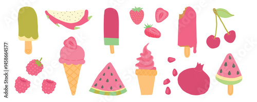 Vivid red and pink ice cream, popsicles, and berries including watermelon, cherry, and raspberry deliver bold, fruity vibes for summer sweets.
