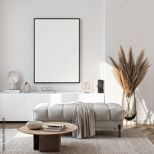 Frame mockup, ISO A paper size. Living room wall poster mockup. Interior mockup with house background. Modern interior design. 3D render
