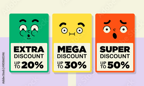 Set of colorful cartoon discount banners with funny and expressive character faces
