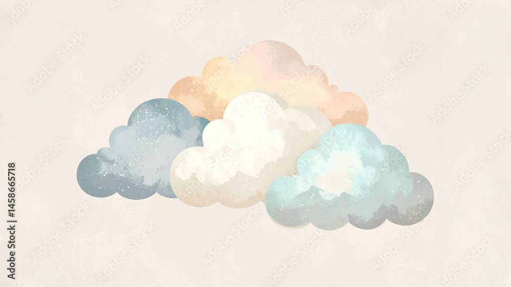 A dreamy set of five watercolor cloud stickers in blue, white, beige, and peach hues, floating against a light background. The delicate textures and speckled details evoke themes of tranquility, artis A dreamy set of five watercolor cloud stickers in blue, white, beige, and peach hues, floating against a light background. The delicate textures and speckled details evoke themes of tranquility, artis