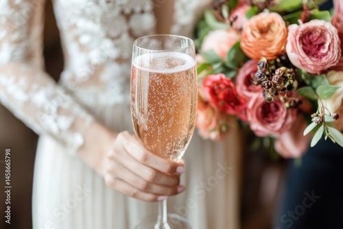 Celebrating love with sparkling champagne and fresh flowers at an elegant wedding reception