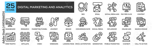 Digital Marketing and Analytics icon collection set. Containing design SEO, Email Marketing, Social Media Ads, Pay Per Click, Content Marketing