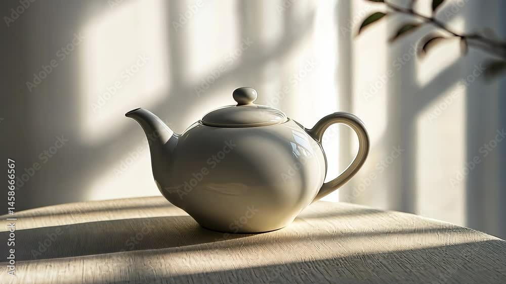 A clean, glossy teapot with a matte finish, resting on a neutral table digital