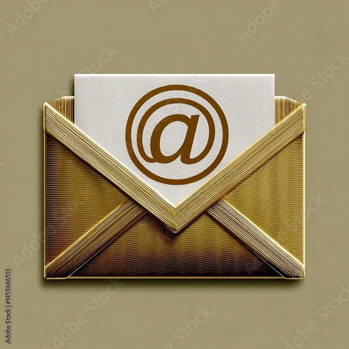 Elegant golden envelope holding a letter with at symbol, representing email or messaging concept