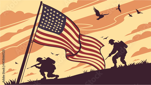 American Soldiers Silhouette Patriotism Remembrance Day Veterans USA Flag War Heroes Military Honor Sacrifice Courage
