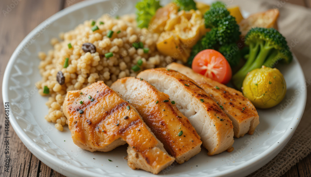 Grilled Chicken Breast Served with Colorful Vegetable Medley and Flavorful Couscous on White Plate Grilled Chicken Breast Served with Colorful Vegetable Medley and Flavorful Couscous on White Plate