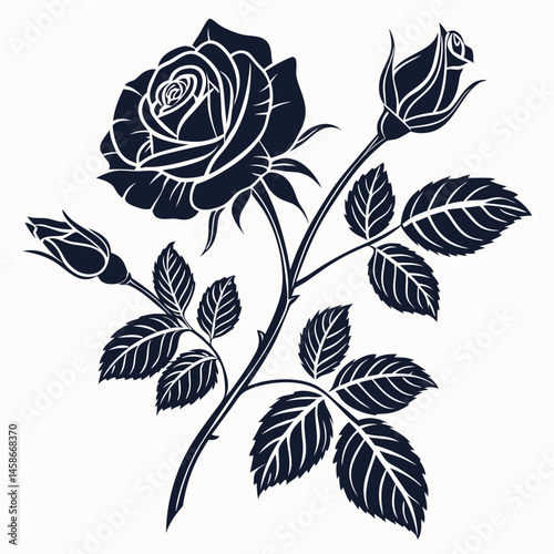 Elegant Dark Rose Silhouette Blooming Flower Bud Leaves Botanical Illustration Vintage Floral Design Romantic Art Dark