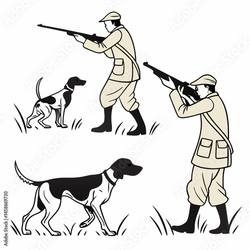 Classic Hunting Scene Hunters with Pointing Dogs Vintage Illustration Field Sport Bird Hunting Shotgun Canine Companions