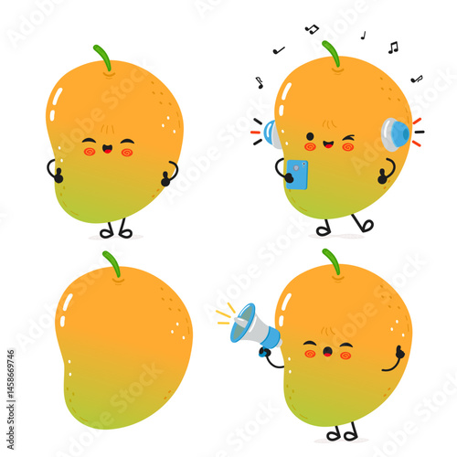 A cute cartoon Mango character with funny expressions listening to music and using a megaphone.