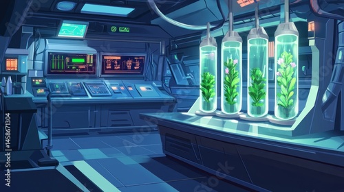 Futuristic lab interior with plant growth chambers