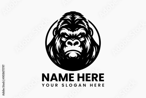 Classic gorilla portrait in circular crest, retro vector logo for coffee roasters and adventure gear  
