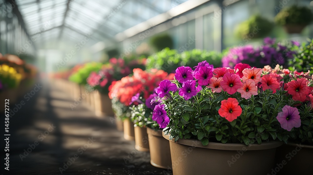 Fototapeta premium Colorful petunia flowers in greenhouse for sale gardening floral display botanical garden shop flowers 100