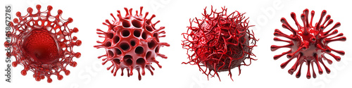 Set of a 3D red virus cell, isolated on a transparent background.