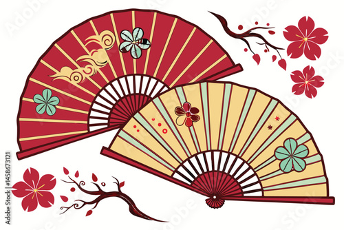 58 Traditional Japanese folding fans, vibrant red and gold colors, floral patterns, ornate designs, multiple layered fans, intricate details, Asian art style, rich textures, dramatic lighting, cherry 