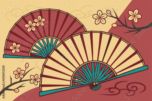 58 Traditional Japanese folding fans, vibrant red and gold colors, floral patterns, ornate designs, multiple layered fans, intricate details, Asian art style, rich textures, dramatic lighting, cherry 