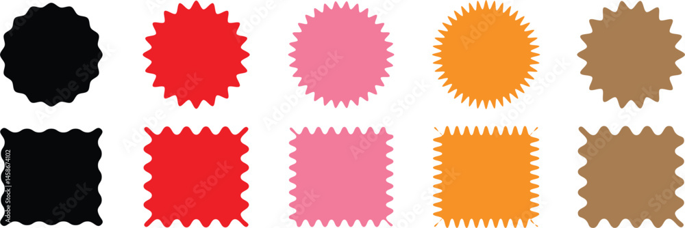 Geometric shapes with scallop and zigzag edges set. Zig zag edge circle, square shape collection.. Oval, Circle Stickers Set. Abstract Elements for Frame, Stamp, Template, Promo Design,