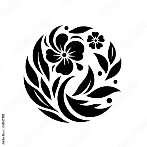 Elegant Floral Circle: Black and White Minimalist Design