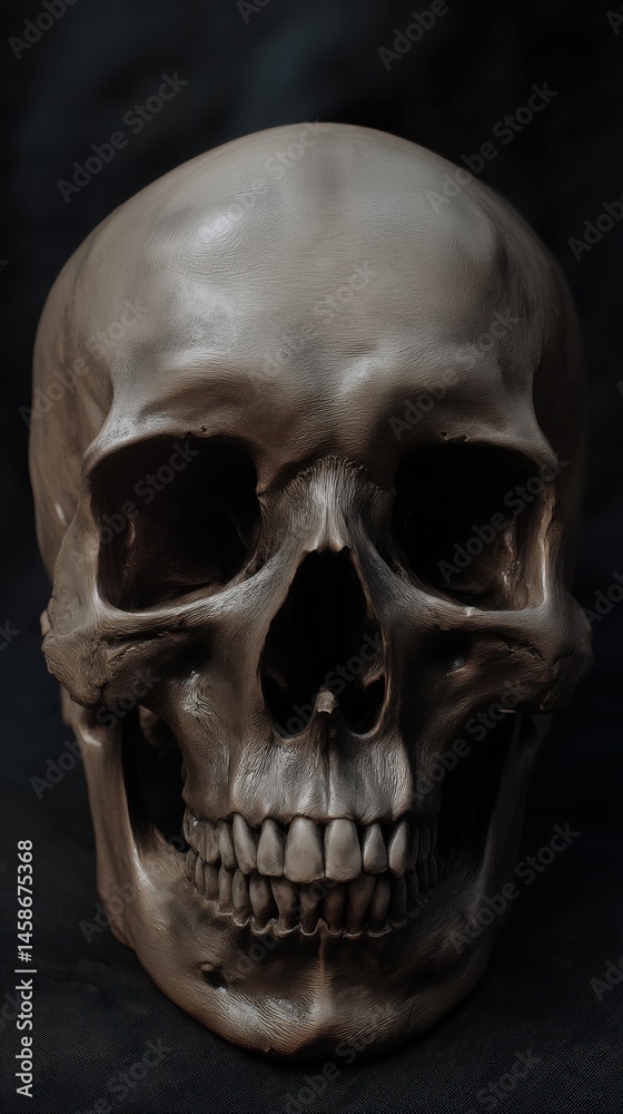 Obraz premium Detailed representation of a human skull against a dark background showcasing intricate bone structure