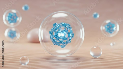 Wallpaper Mural Microscopic Cellular Structure in Transparent Spheres - A 3D video of a complex, light-blue cellular structure encased within a transparent sphere, floating above a soft Torontodigital.ca