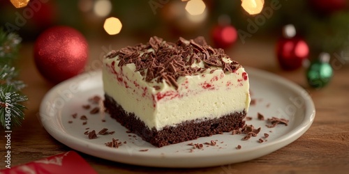 Wallpaper Mural Chocolate Mint Cake Slice with Mint Buttercream on white plate on festive bokeh background Torontodigital.ca