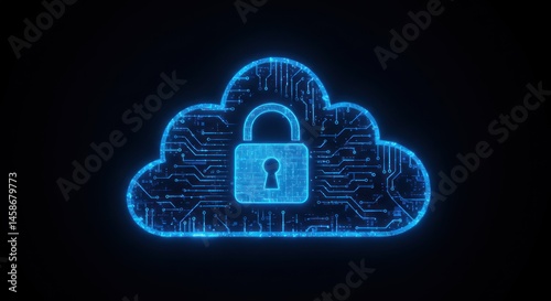 Blue cloud with padlock representing data security on a dark background.