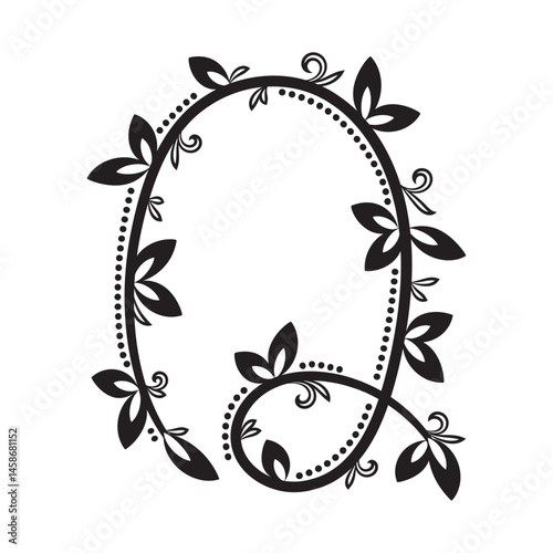 Vintage letter Q made from swirling black vines and leaves. Botanical style perfect for elegant monograms, eco logos, and creative initials.