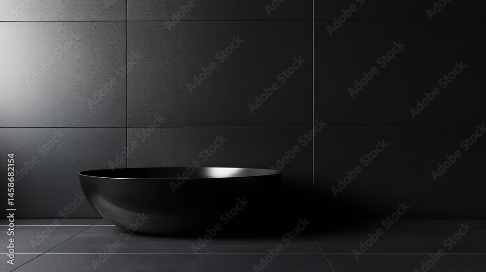 Black bowl isolated on a dark background, with a smooth, glossy surface and minimalistic design, creating a striking contrast Black bowl isolated on a dark background, with a smooth, glossy surface and minimalistic design, creating a striking contrast