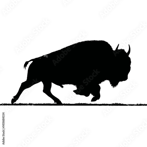 Solid black silhouette of a buffalo charging, Vector Graphic