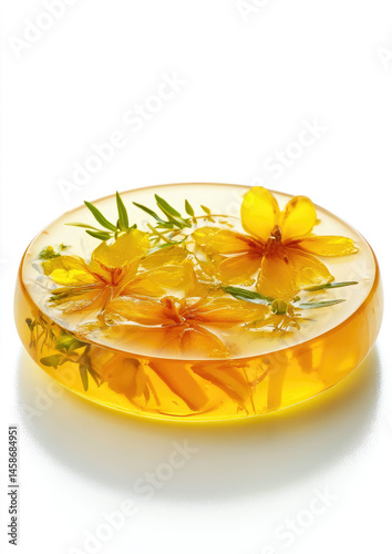 A yuzu blossom jelly tartlet with citrus slices glows with vibrant yellow tones and refreshing floral zing