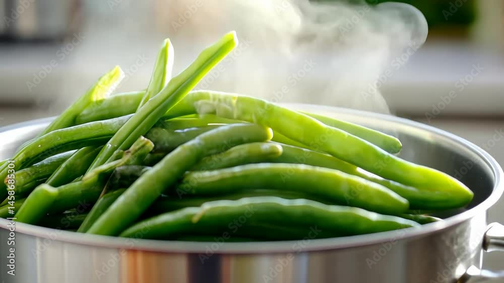 Fresh green beans steaming in stainless steel pot in sunlit kitchen setting.