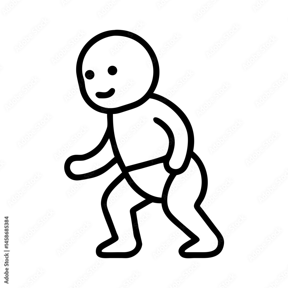Obraz premium Simple line icon showing a small baby taking first steps, symbolizing early childhood and physical development. 