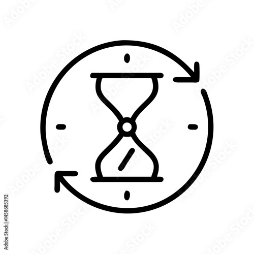 Line art of an hourglass inside a circular time loop, symbolizing cycle, patience, timing, or waiting period.
