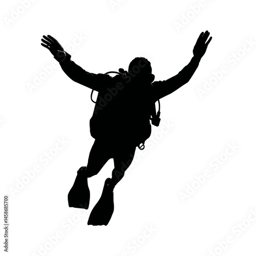 Solid black silhouette of a diver exploring, Vector Graphic