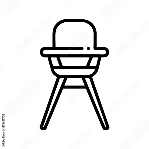 Simple black and white outline icon of a baby high chair, representing infant feeding, kitchen safety, and baby mealtime setup.
