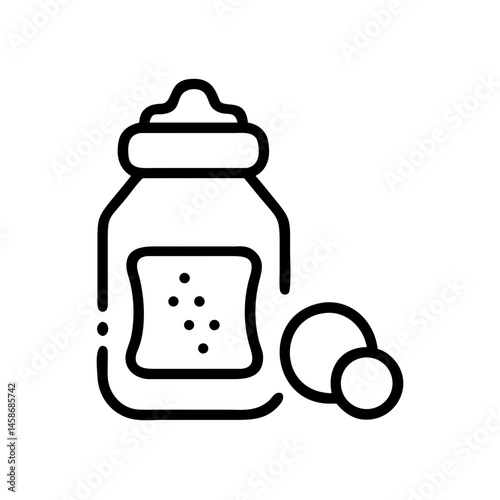 Black and white line icon of a baby powder container, representing hygiene, skin care, and baby grooming essentials.
