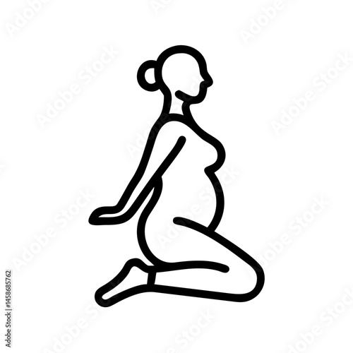 Black and white line icon of a pregnant woman kneeling with hands behind, symbolizing prenatal yoga, relaxation, or labor posture.
