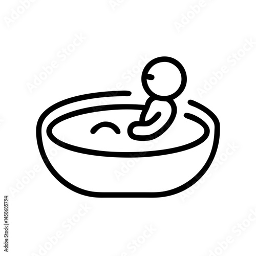 Black and white outline icon of a person in a water-filled birthing pool, symbolizing water birth or natural delivery method.
