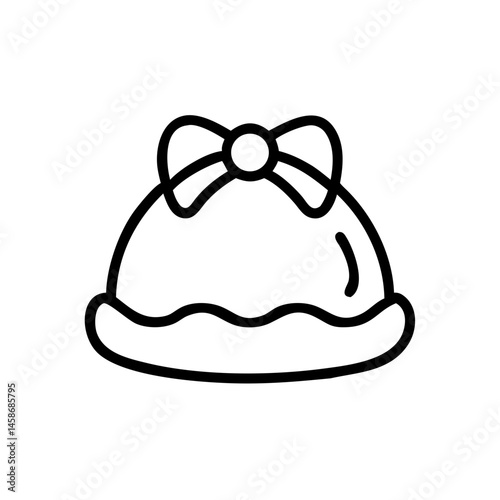 Simple line icon of a baby hat with a bow, symbolizing infant clothing, cuteness, and warmth during early months.
