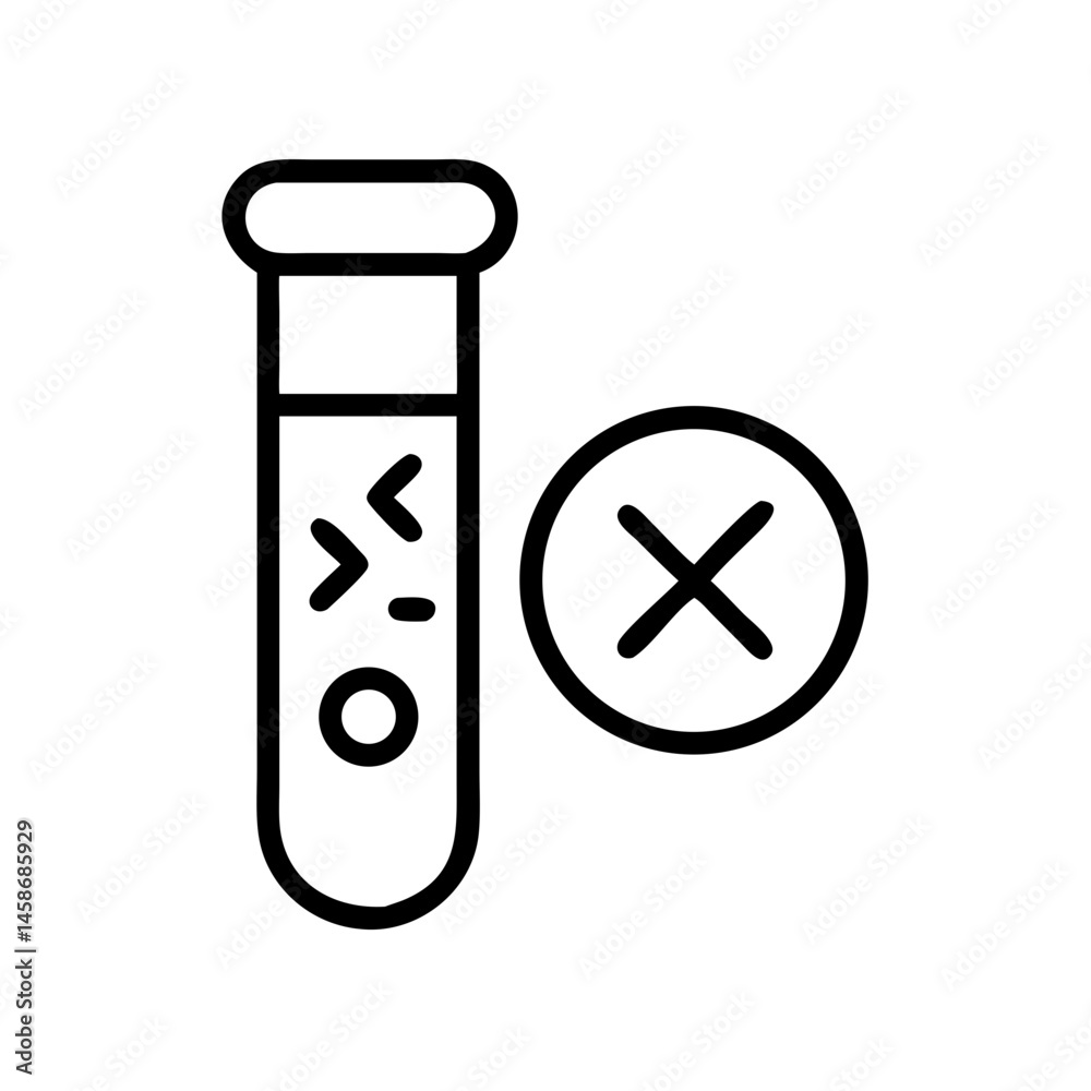 Obraz premium Simple black and white outline icon of a test tube with a cross mark, symbolizing negative fertility or pregnancy result. 