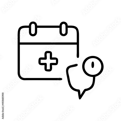 Minimal black and white line icon of a calendar with a medical cross and map pin, symbolizing pregnancy appointment or due date reminder.
