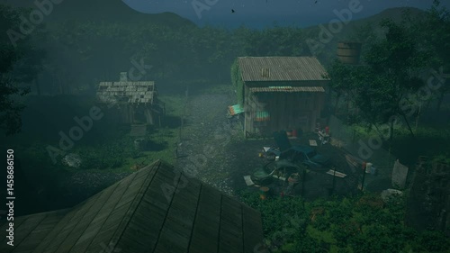 Aerial view of abandoned forest settlement at night, with half-destroyed wooden houses, rusty cars, overgrown vegetation and mountains in the background. Gaming background, post-apocalyptic setting.